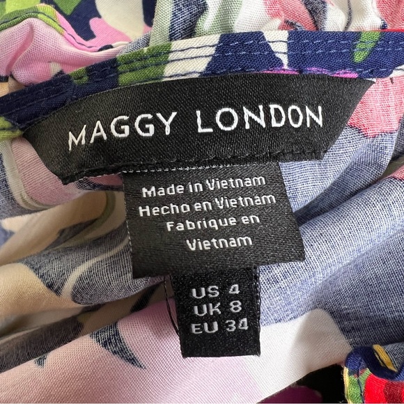 Maggy London Kayla Floral Trapeze Dress navy pink 4 Small Cotton EUC - Picture 6 of 14